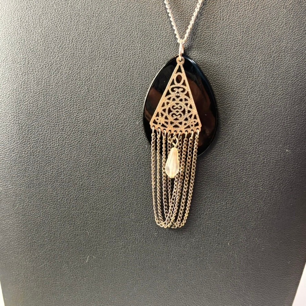Filigree Tassel Necklace Black Silver Teardrop Goth Whimsygoth Boho Witchy